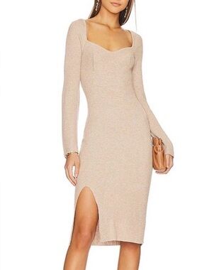Ribbed Knit Bodycon Midi Dress - Neutral Beige